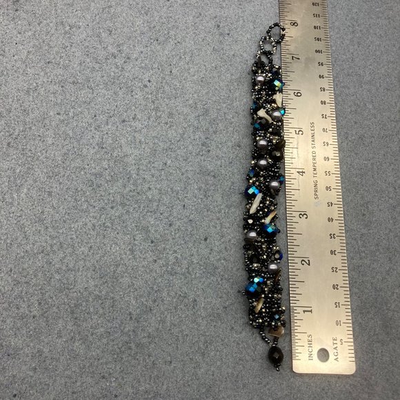 Seed Bead Wrap Bracelet Blue Silver Grey White Pearl Stone Chip Iridescent Loop - Picture 5 of 7